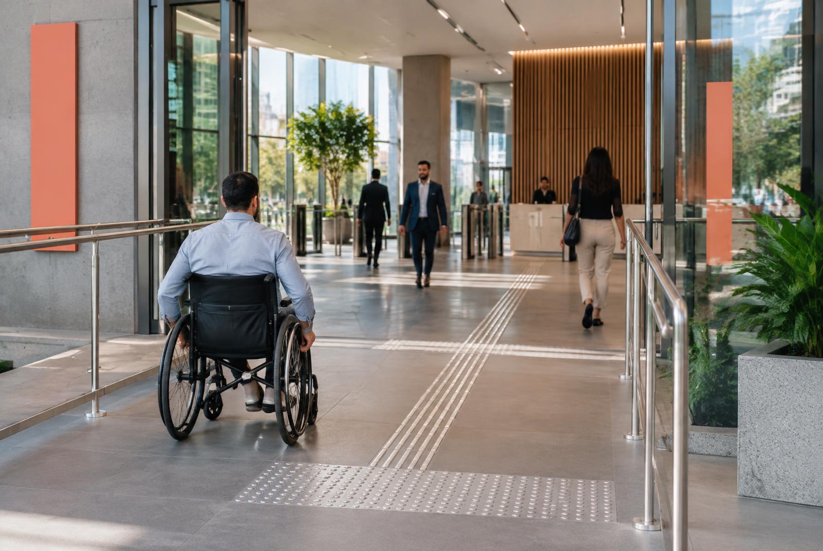 Profissional em cadeira de rodas utilizando uma rota acessível em edifício corporativo